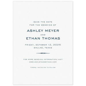 White card with navy block centered on the page. Decorative line flourish separating some lines of copy.