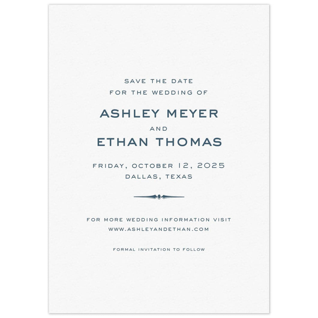 White card with navy block centered on the page. Decorative line flourish separating some lines of copy.