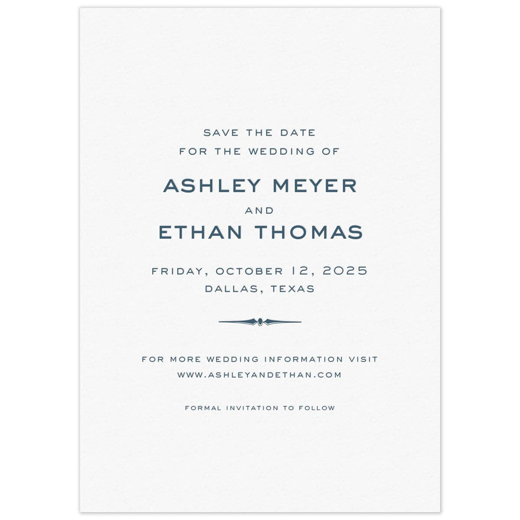White card with navy block centered on the page. Decorative line flourish separating some lines of copy.