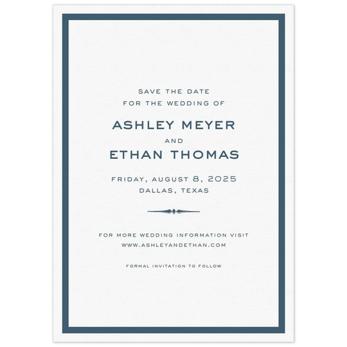 White card with thick navy blue line border. San serif fonts centered on the page. Decorative line flourish separating lines of type.