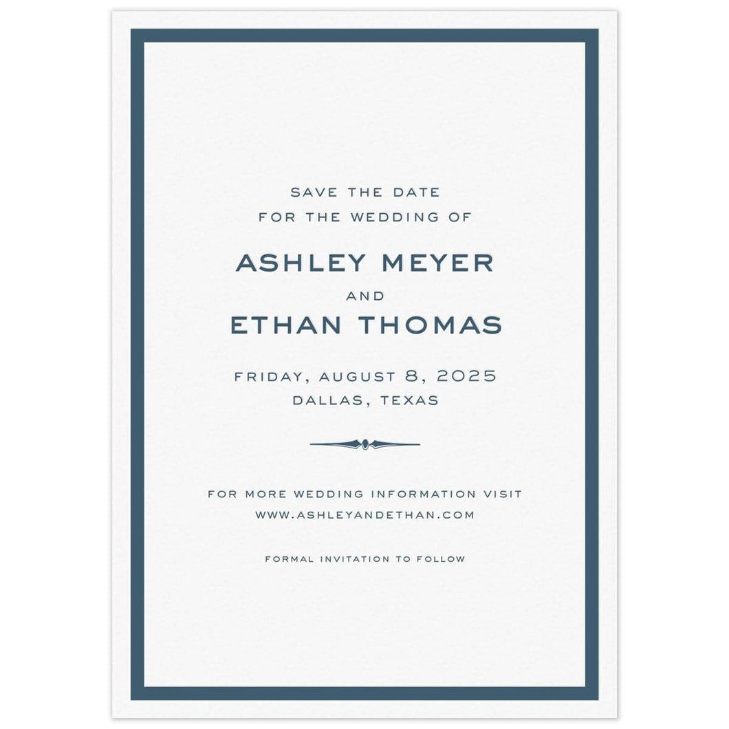 White card with thick navy blue line border. San serif fonts centered on the page. Decorative line flourish separating lines of type.