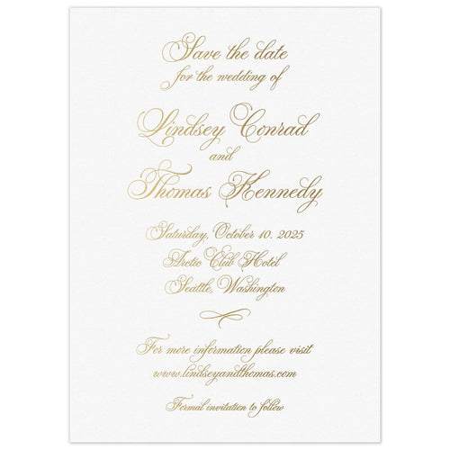 Gold script copy centered on a white page. Small script flourish separating lines of type.