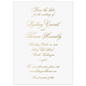 Gold script copy centered on a white page. Small script flourish separating lines of type.