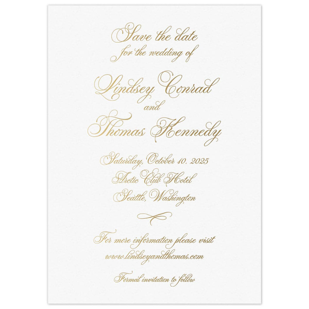 Gold script copy centered on a white page. Small script flourish separating lines of type.