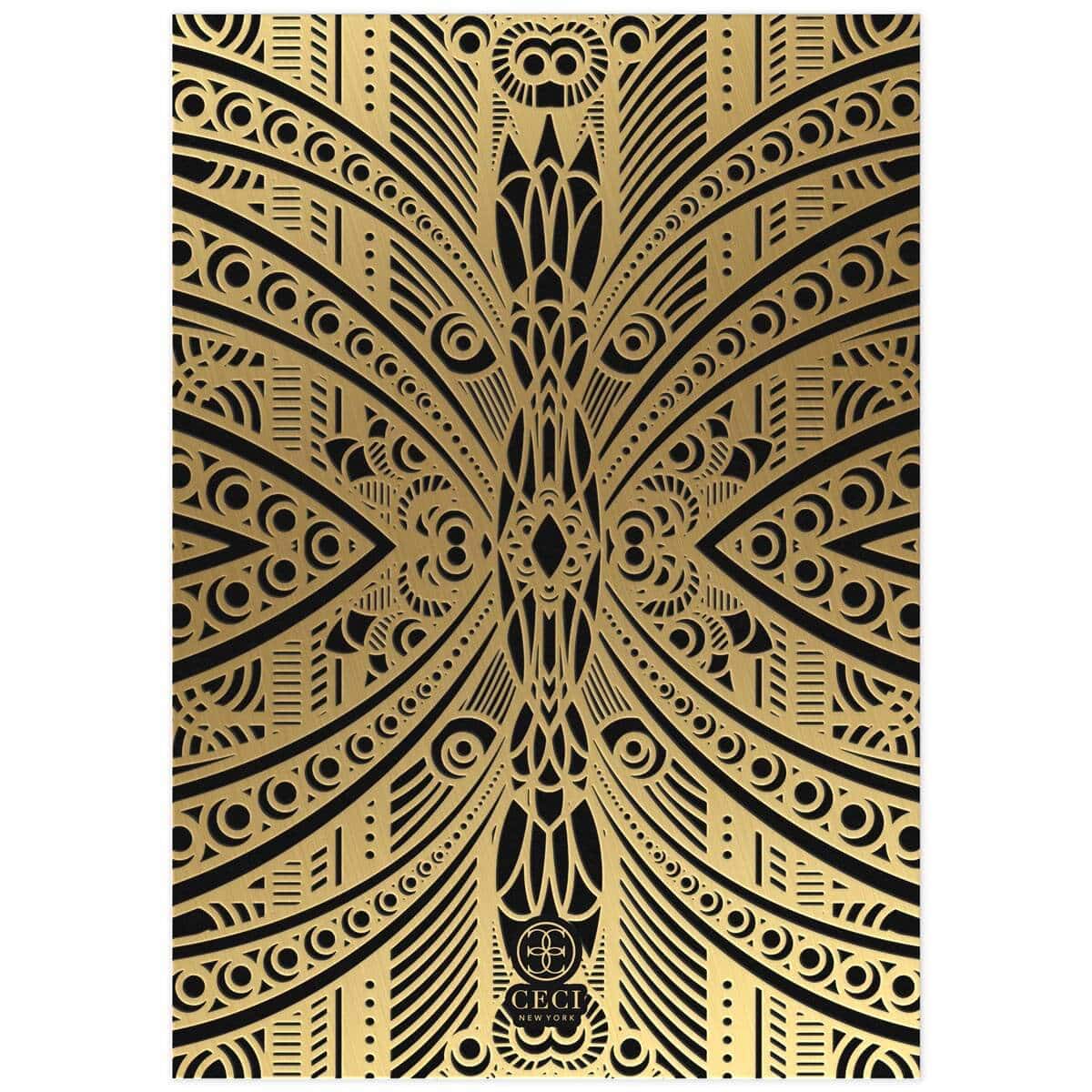 Ornate deco design in gold foil on a black card. Small Ceci New York logo at the bottom of the card.