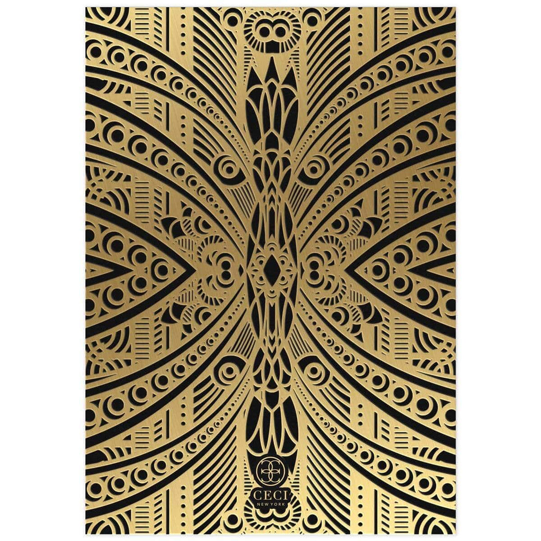 Ornate deco design in gold foil on a black card. Small Ceci New York logo at the bottom of the card.