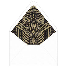 Load image into Gallery viewer, White envelope with gold paper liner and black deco pattern on the liner.