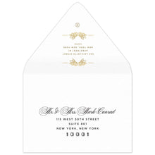 Load image into Gallery viewer, White envelope, small deco flourishes on the top and bottom of the return address. Blakc script, block and deco mailing address on the front of the flap.