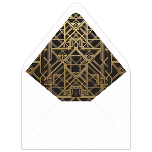 White enveloped with black liner with gold foil deco line design on the inside.