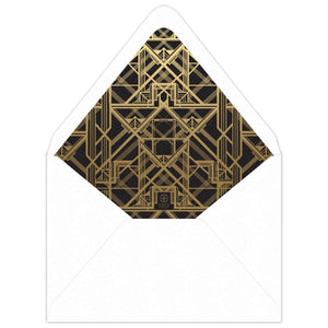 White enveloped with black liner with gold foil deco line design on the inside.