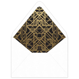 White enveloped with black liner with gold foil deco line design on the inside.