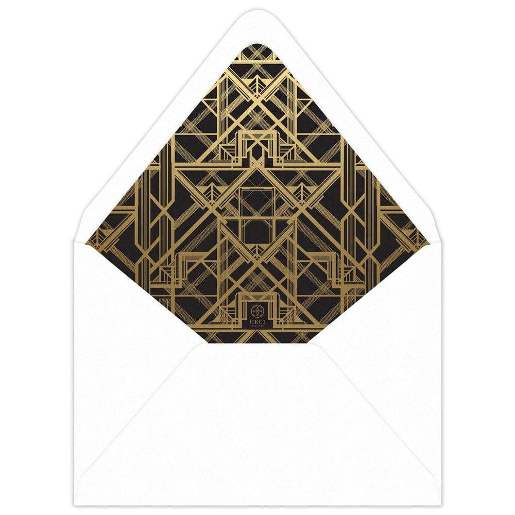 White enveloped with black liner with gold foil deco line design on the inside.