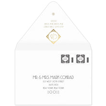 Load image into Gallery viewer, White envelope with monogram in diamond shape, deco font under the diamond, small ceci circle under the address. Black deco font mailing address on the front of the envelope.