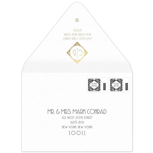 White envelope with monogram in diamond shape, deco font under the diamond, small ceci circle under the address. Black deco font mailing address on the front of the envelope.