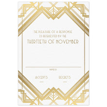 Load image into Gallery viewer, White reply card with gold geometric lines on the top and bottom of the card. Gold reply copy in deco font centered between the design.