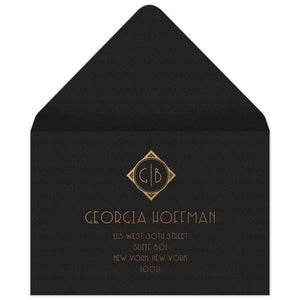 Black reply envelope, gold diamond with monogram in the center, gold deco copy centered underneath the diamond.