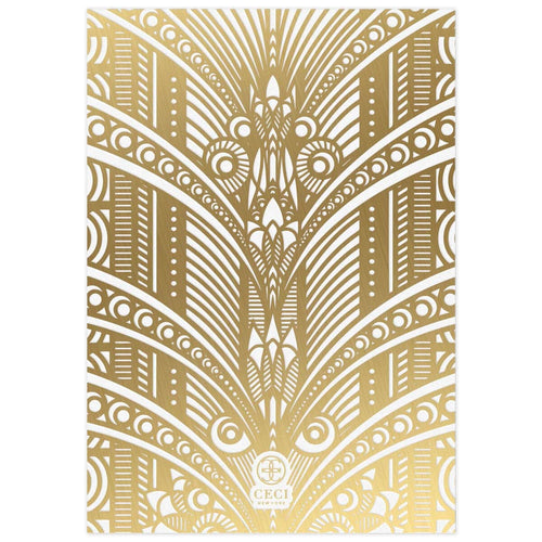 White card with gold deco pattern on the full card. Small Ceci New York logo on the bottom of the card.