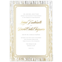 Load image into Gallery viewer, Ombre silver to gold lines falling from the top of the white card to the bottom. Gold line border design framing the block and script copy. 