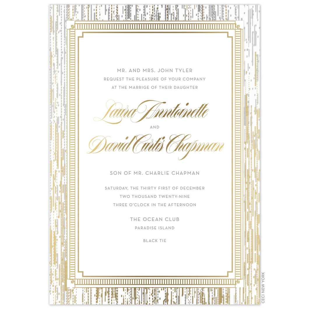 Ombre silver to gold lines falling from the top of the white card to the bottom. Gold line border design framing the block and script copy. 