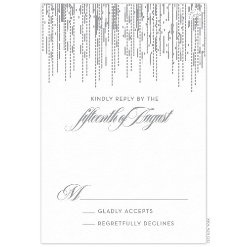 Patterned lines falling from the top of the reply card. Block and script RSVP text centered underneath.