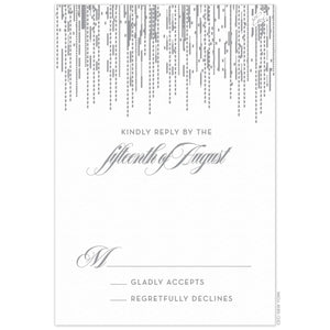 Patterned lines falling from the top of the reply card. Block and script RSVP text centered underneath.