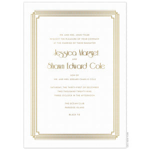 Gold decorative line border on a white card holding block and deco gold text.