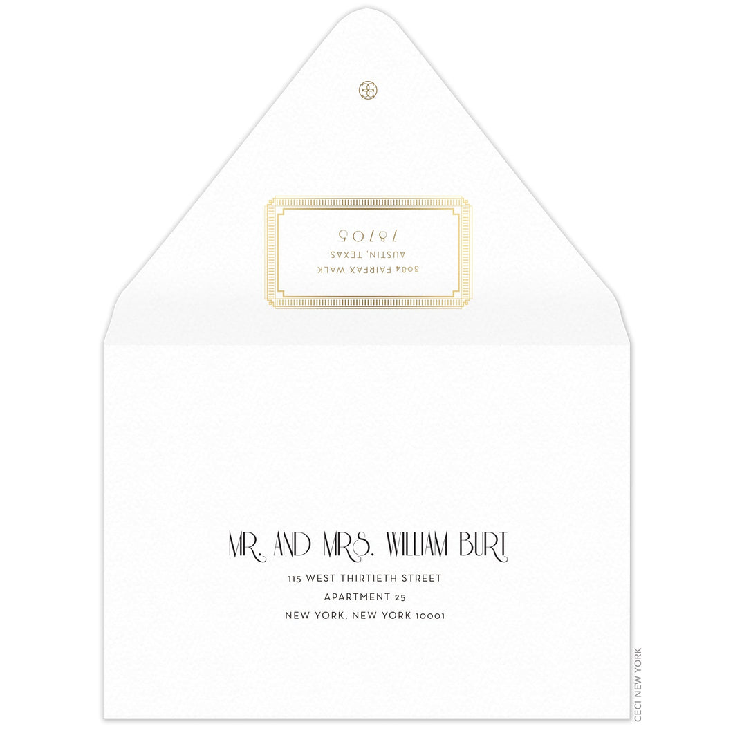 Gold decorative box holding the return address on the back of the envelope flap. Small circle logo on the tip of the flap. Black deco and block copy centered on the front of the envelope.