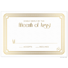 Load image into Gallery viewer, Gold decorative line border on a white RSVP card. Centered gold block and deco text centered on the decorative border.
