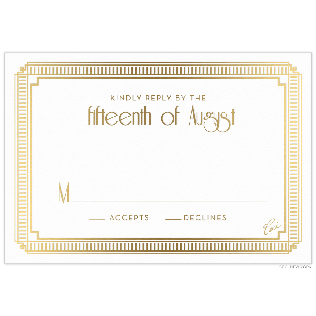 Gold decorative line border on a white RSVP card. Centered gold block and deco text centered on the decorative border.
