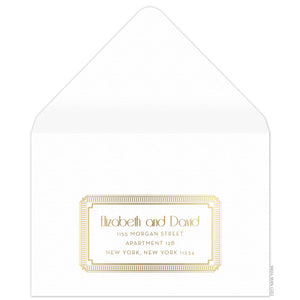 Gold deco line decorative border holding deco and block copy on the front of the white reply envelope.