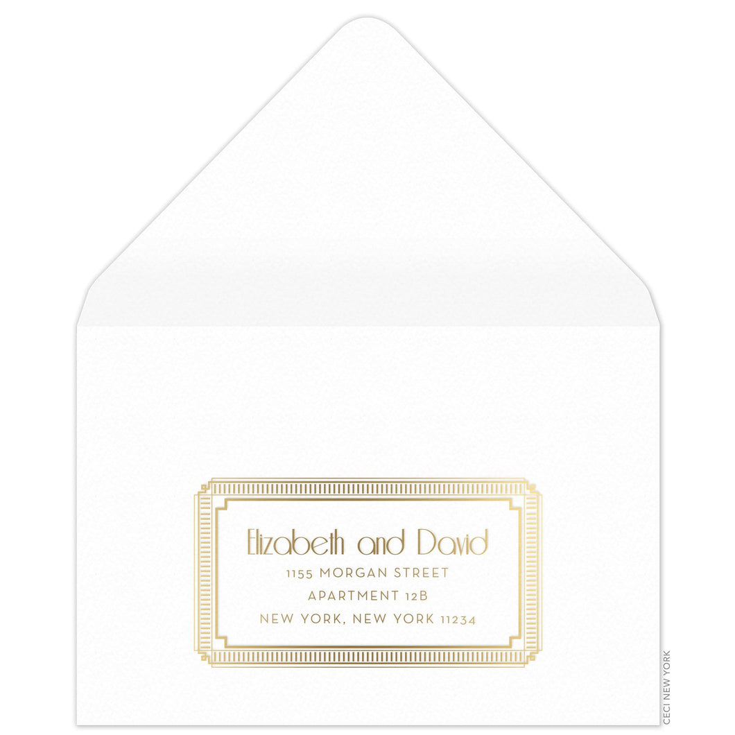 Gold deco line decorative border holding deco and block copy on the front of the white reply envelope.
