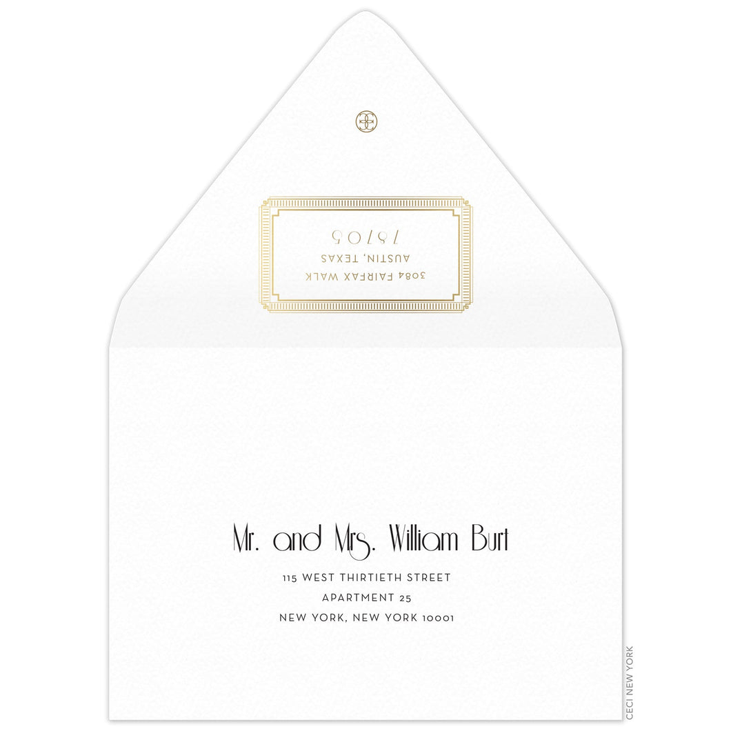 Gold decorative box holding the return address on the back of the envelope flap. Small circle logo on the tip of the flap. Black deco and block copy centered on the front of the envelope.