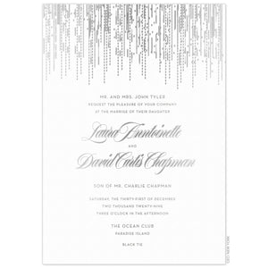 Patterned lines falling from the top of the card. Block and script text centered underneath the lines.