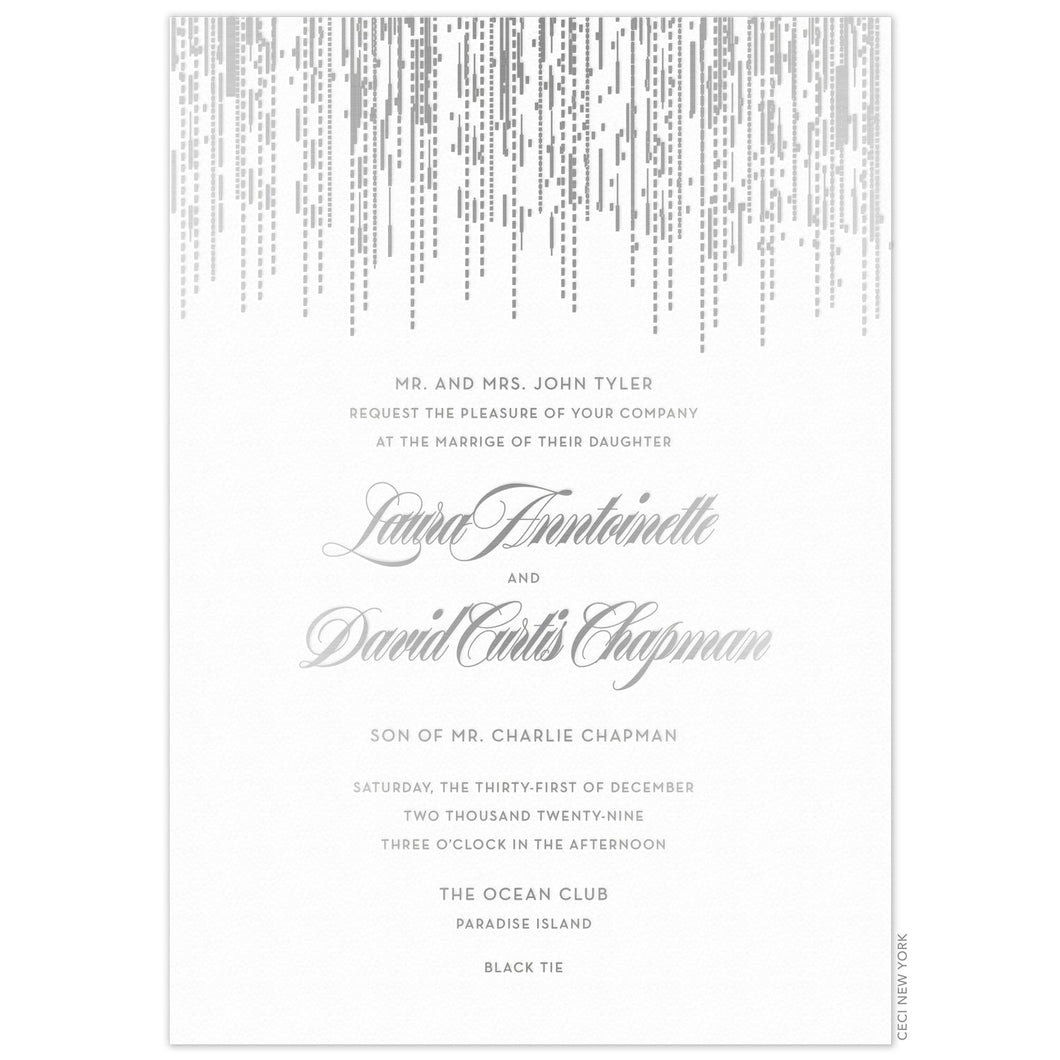 Patterned lines falling from the top of the card. Block and script text centered underneath the lines.