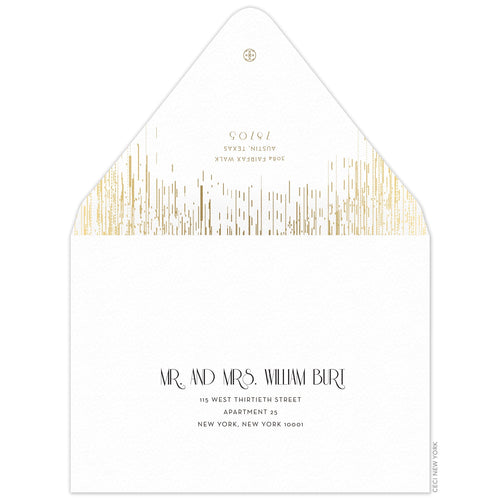 Gold patterned lines falling from the top of the card. Deco and block font centered on the back of the envelope flap. Small Ceci logo on the tip of the flap. Black deco and block font centered on the envelope.