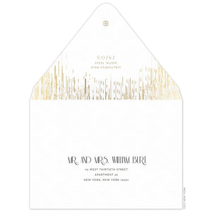 Gold patterned lines falling from the top of the card. Deco and block font centered on the back of the envelope flap. Small Ceci logo on the tip of the flap. Black deco and block font centered on the envelope.