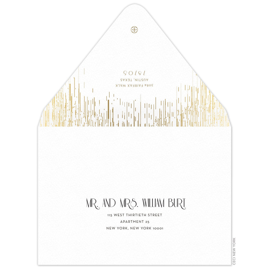 Gold patterned lines falling from the top of the card. Deco and block font centered on the back of the envelope flap. Small Ceci logo on the tip of the flap. Black deco and block font centered on the envelope.