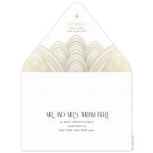 Load image into Gallery viewer, White envelope with sweeping gold line design, gold deco font underneath the design, small Ceci logo on the tip of the flap. Black deco font centered on the font of the envelope.
