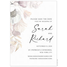 Load image into Gallery viewer, White invitation with blush, ivory, cream, tan watercolor flowers on the top left corner, draping down the invitation. Black block text right aligned on the invitation. 