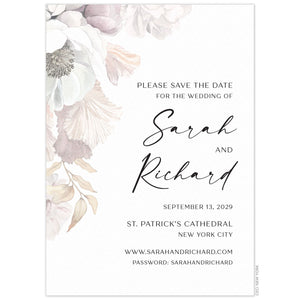 White invitation with blush, ivory, cream, tan watercolor flowers on the top left corner, draping down the invitation. Black block text right aligned on the invitation. 