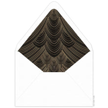Load image into Gallery viewer, Gold line and dot in sweeping scallop pattern on an envelope liner with black background and white envelope.