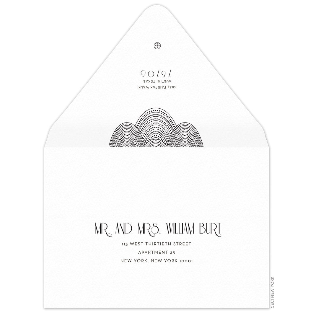 Black lines and dots swooping on the black flap of an envelope. Deco font centered underneath the design with a small circle logo at the top of the flap. Centered deco font on the front of the envelope.
