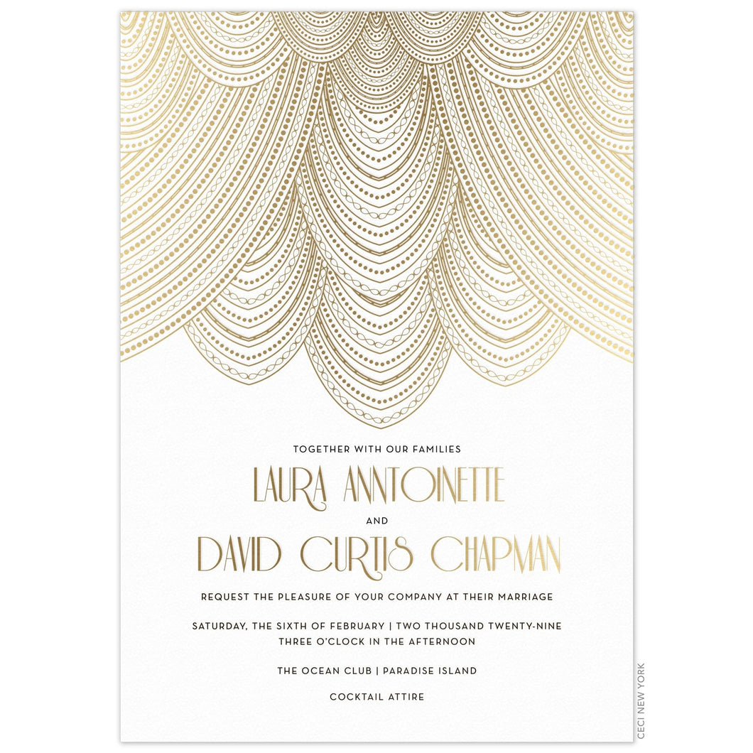 Gold lines drapping in swooping patterns on the top third of a white invitation. Black and gold deco font centered underneath the design.