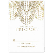 Load image into Gallery viewer, Gold lines and dots in a swooping pattern on the top half of the white card. Block deco golf font under the pattern design.