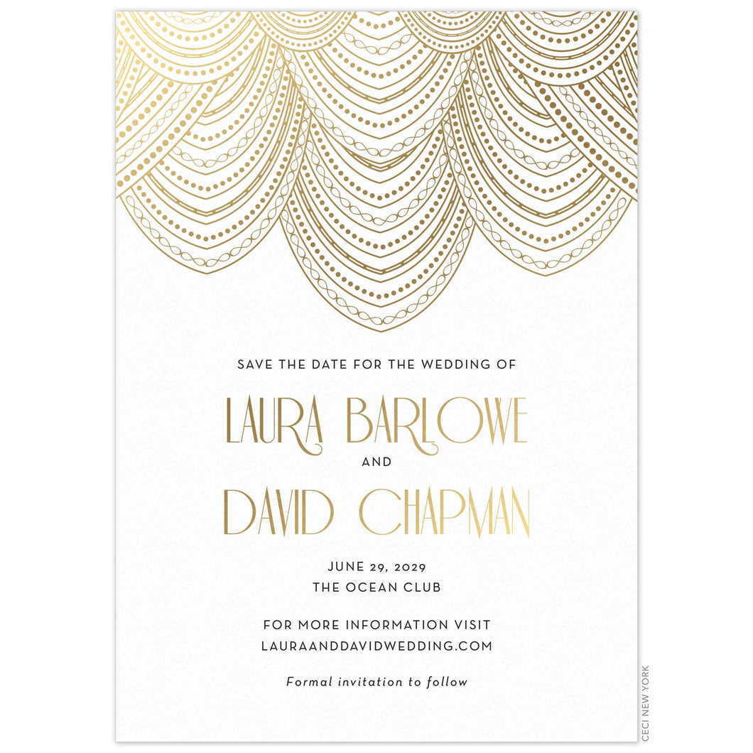 Gold lines drapped in swooping patterns on the top half of a white card. Black and gold deco font centered underneath the design.