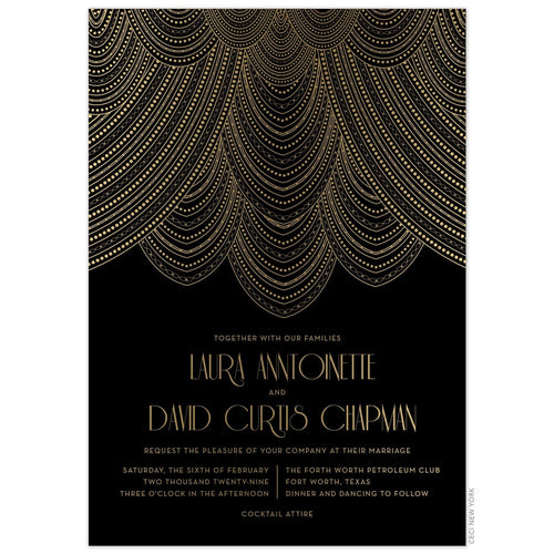 Gold lines drapping in swooping patterns on the top third of a black invitation. Black and gold deco font centered underneath the design.