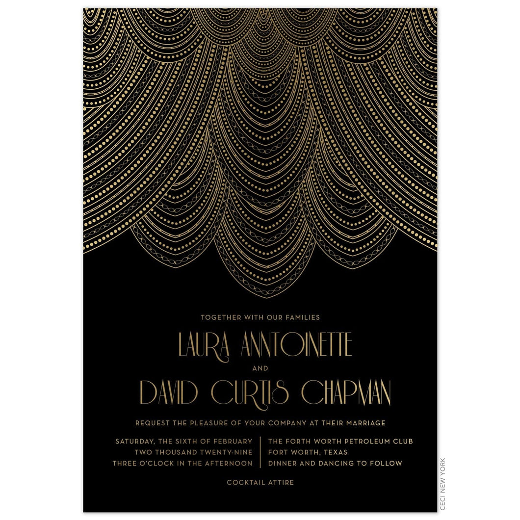 Gold lines drapping in swooping patterns on the top third of a black invitation. Black and gold deco font centered underneath the design.