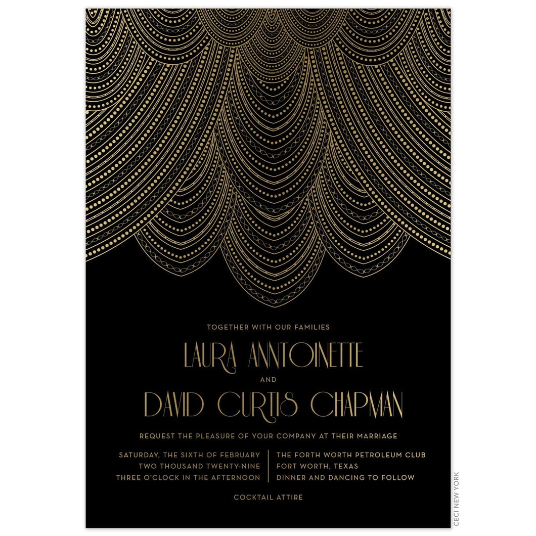Gold lines drapping in swooping patterns on the top third of a black invitation. Black and gold deco font centered underneath the design.