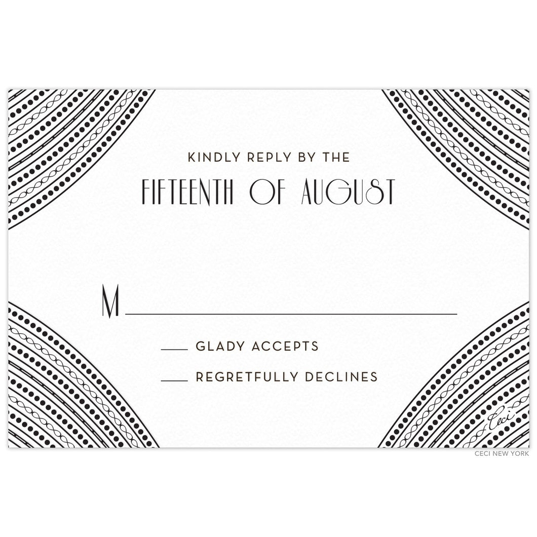 Line and dot pattern sweeping on all four corners of a white card. Black deco RSVP copy centered on the card. 