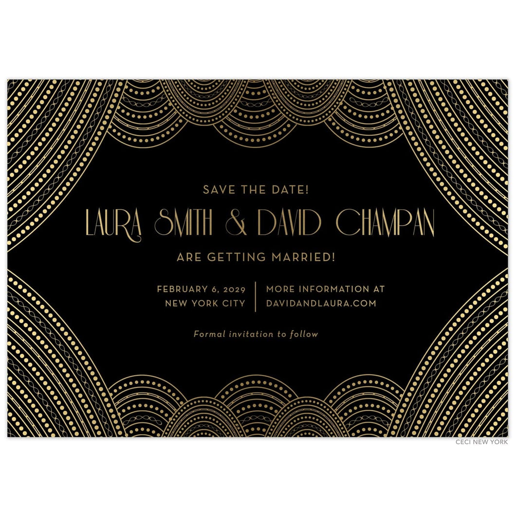 Gold line and dot pattern sweeping the corners of the card and the top and bottom of the card. Block deco font centered on the black card.